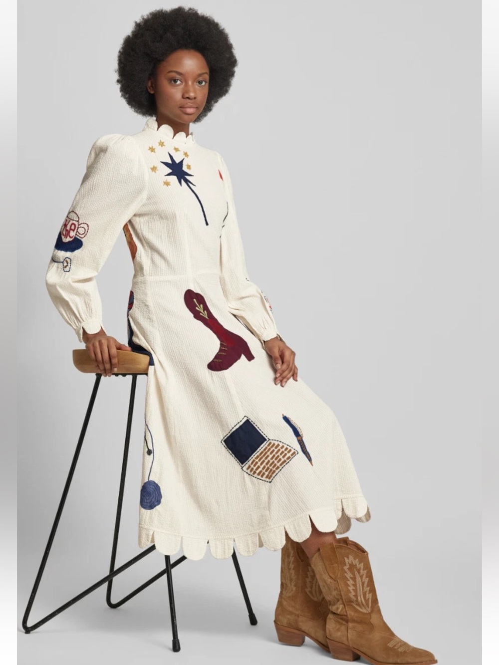 Stella Nova Embroidered Ivory Midi Dress with Scalloped Hem